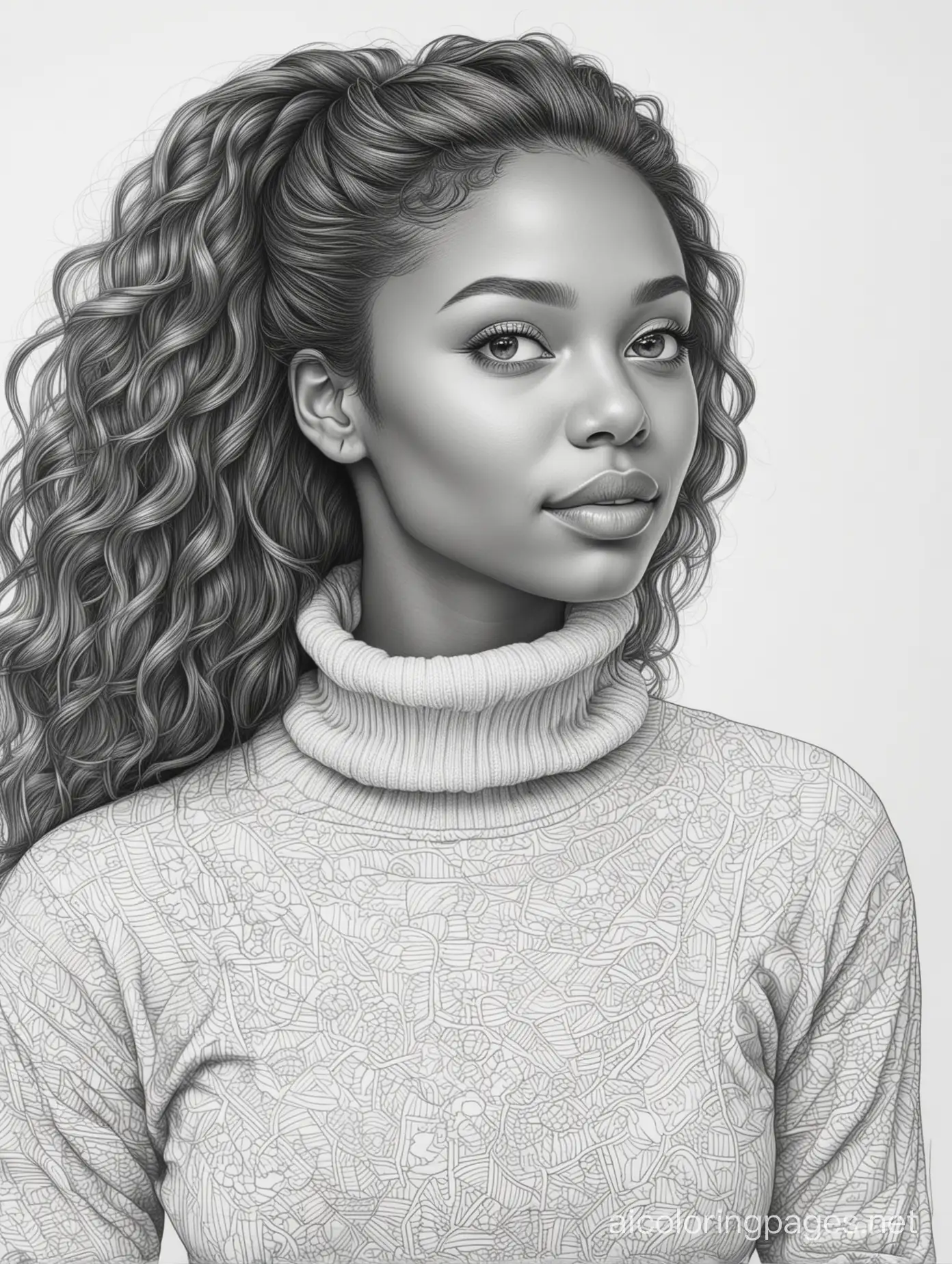 Pretty black woman with a turtle neck sweater long hair , Coloring Page, black and white, line art, white background, Simplicity, Ample White Space. The background of the coloring page is plain white to make it easy for young children to color within the lines. The outlines of all the subjects are easy to distinguish, making it simple for kids to color without too much difficulty
