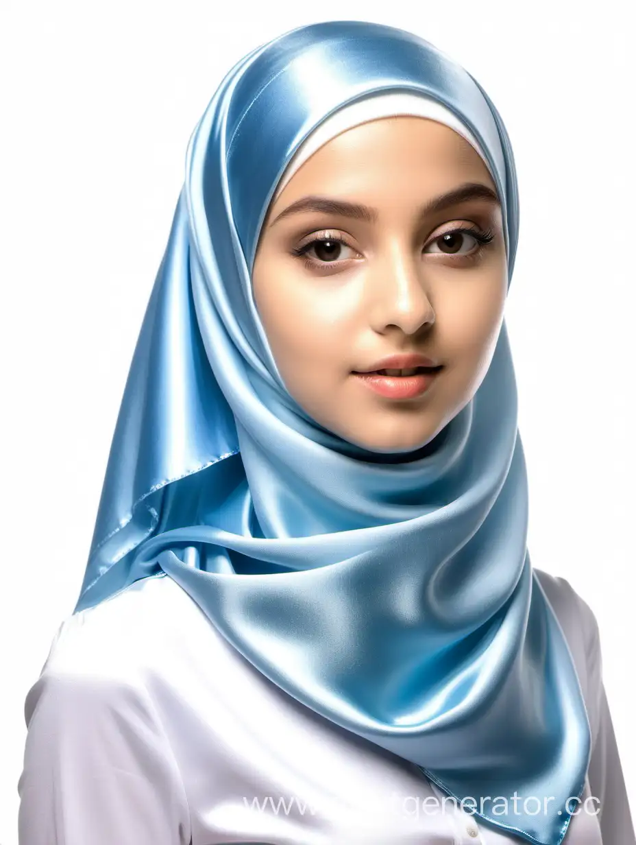 Молодая девушка, хиджаб из гладкого блестящего атласного платка синего цвета