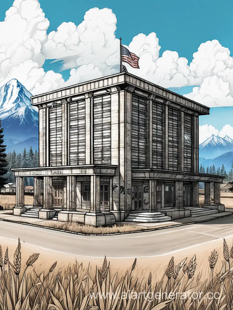 manga style, the building from far cry 5 with symbols
