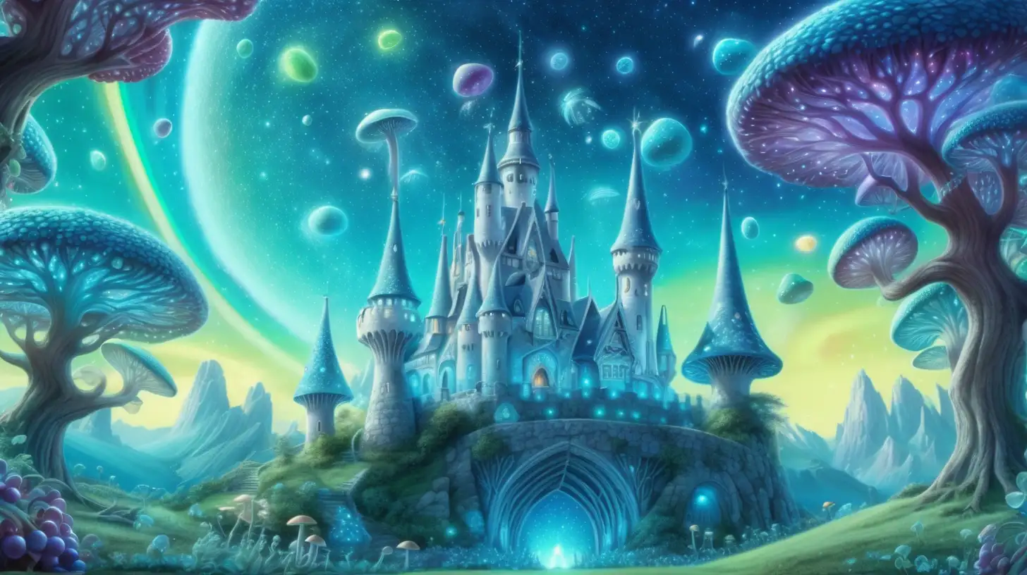 Fairytale Scene Magical Grape Trees Forming a Castle with Outer Space Asteroids and RainbowMushroom Garden