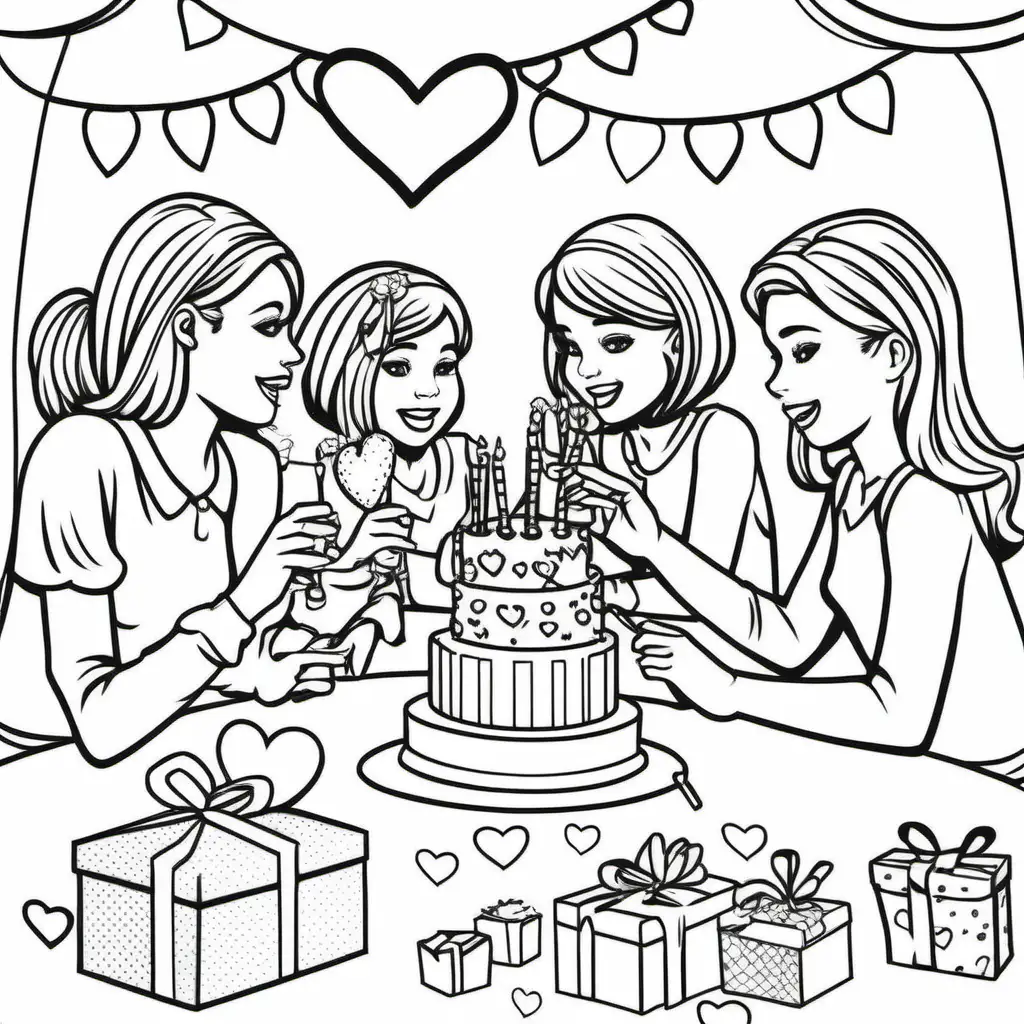 coloring page girl's party on valentine day simple