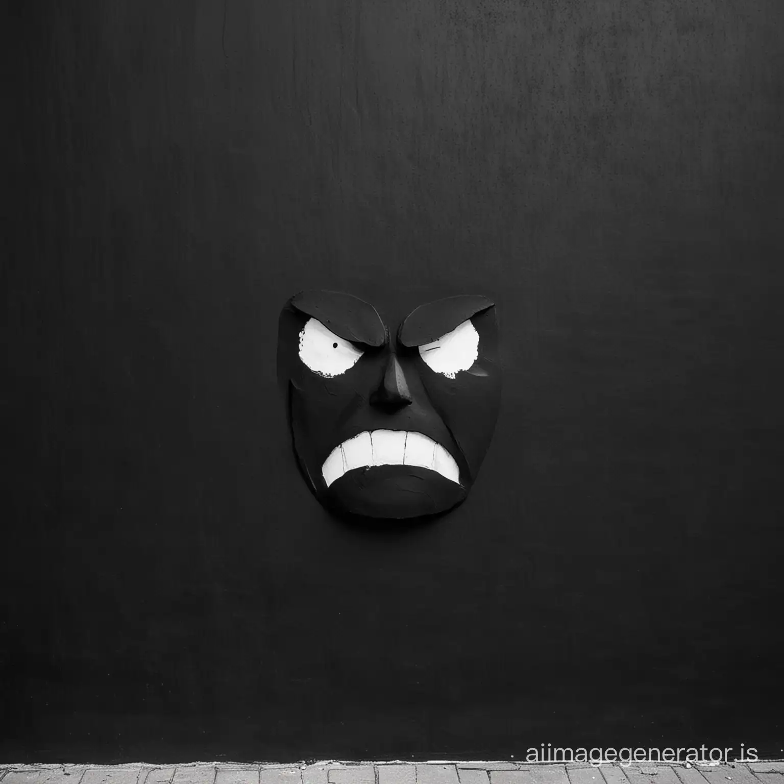 black wall with a black angry face embedded on the wall
