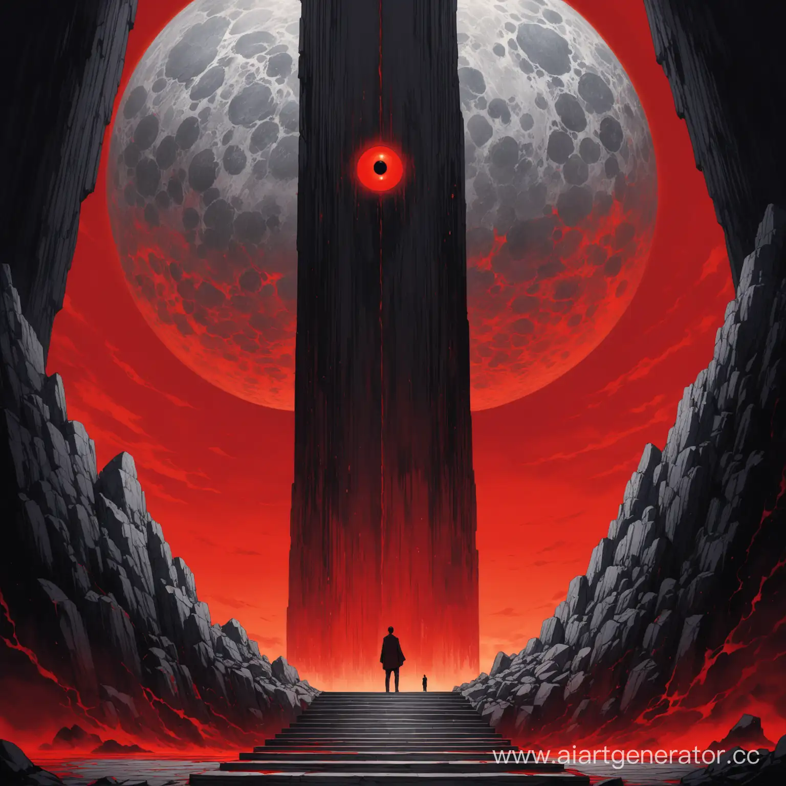 
一名男性站立在两根矗立的灰黑色花岗岩石柱旁边，石柱中间有密密麻麻的阶梯，一直延伸到天空，背景为血红的巨眼
