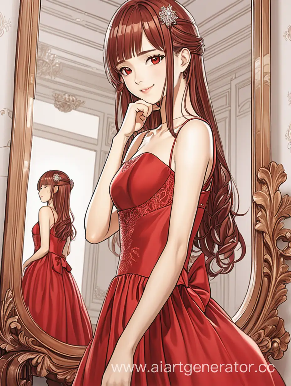 Красивая девушка в красном платье смотрит с улыбкой в огромное зеркало манхва
