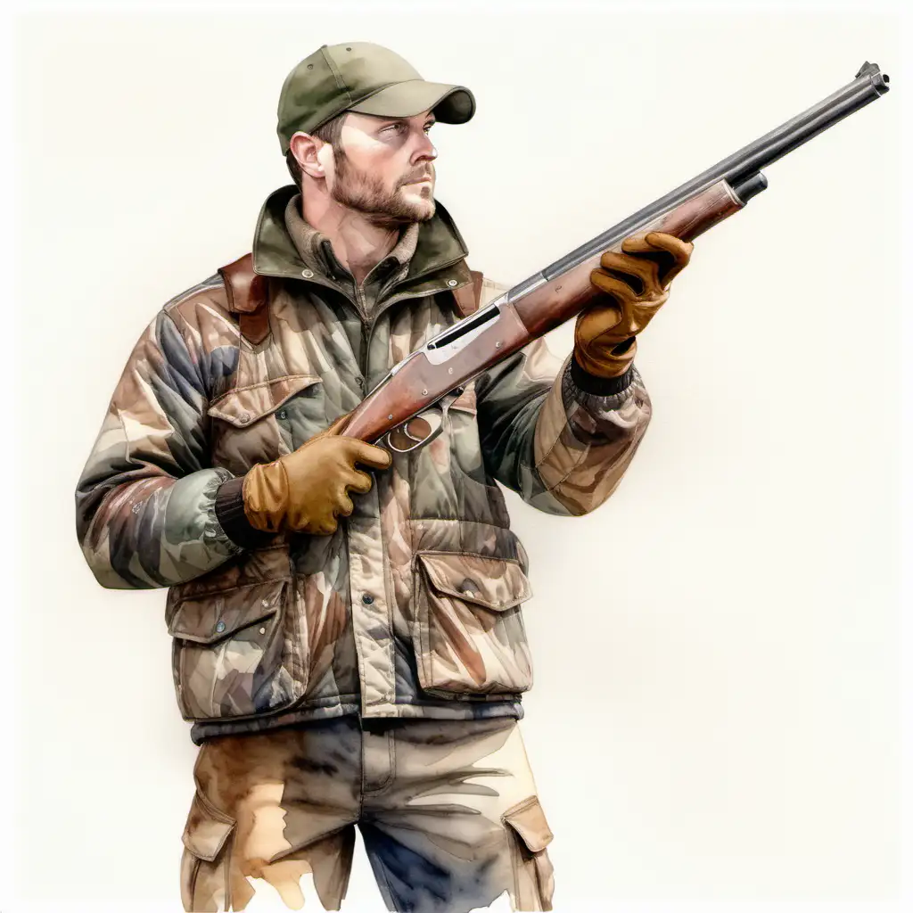 Hunter with short shotgun pointing up, wearing camo and brown gloves, full body, face hidden, watercolor