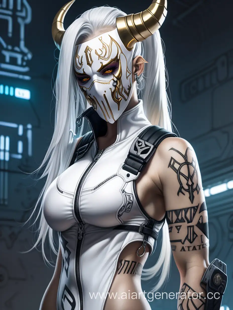 Demon, athletic body, long white hair with ponytail, cyberpunk white and golden latex assassin outfit, cyberpunk assassin mask on face, rune tattoo, horns, female character 