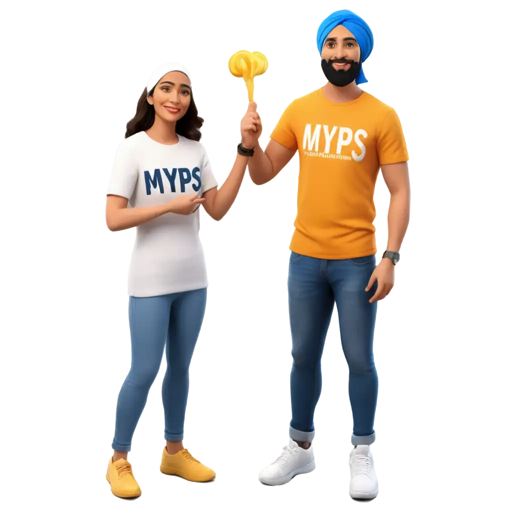 3D sikh family with
 shirts that say "MYPS"
