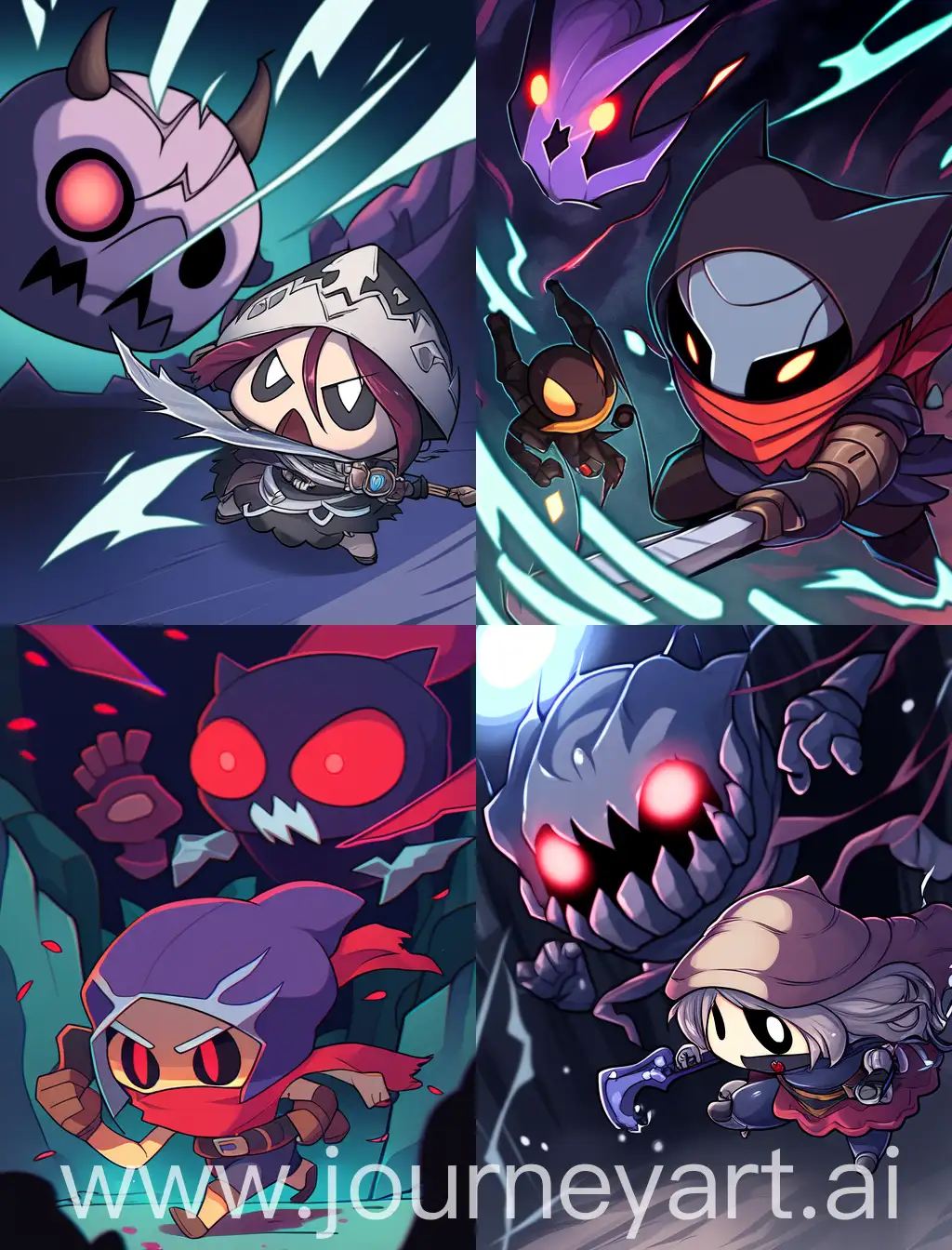 chibi bandit fighting monster, cartoon anime style, strong lines, spooky background