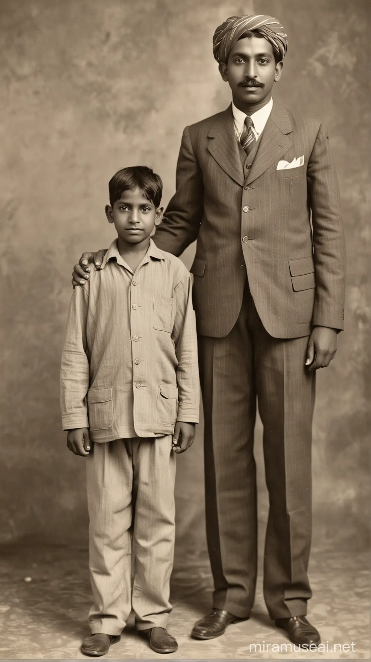 Indian man and his 9 year old son standing in the 1930s