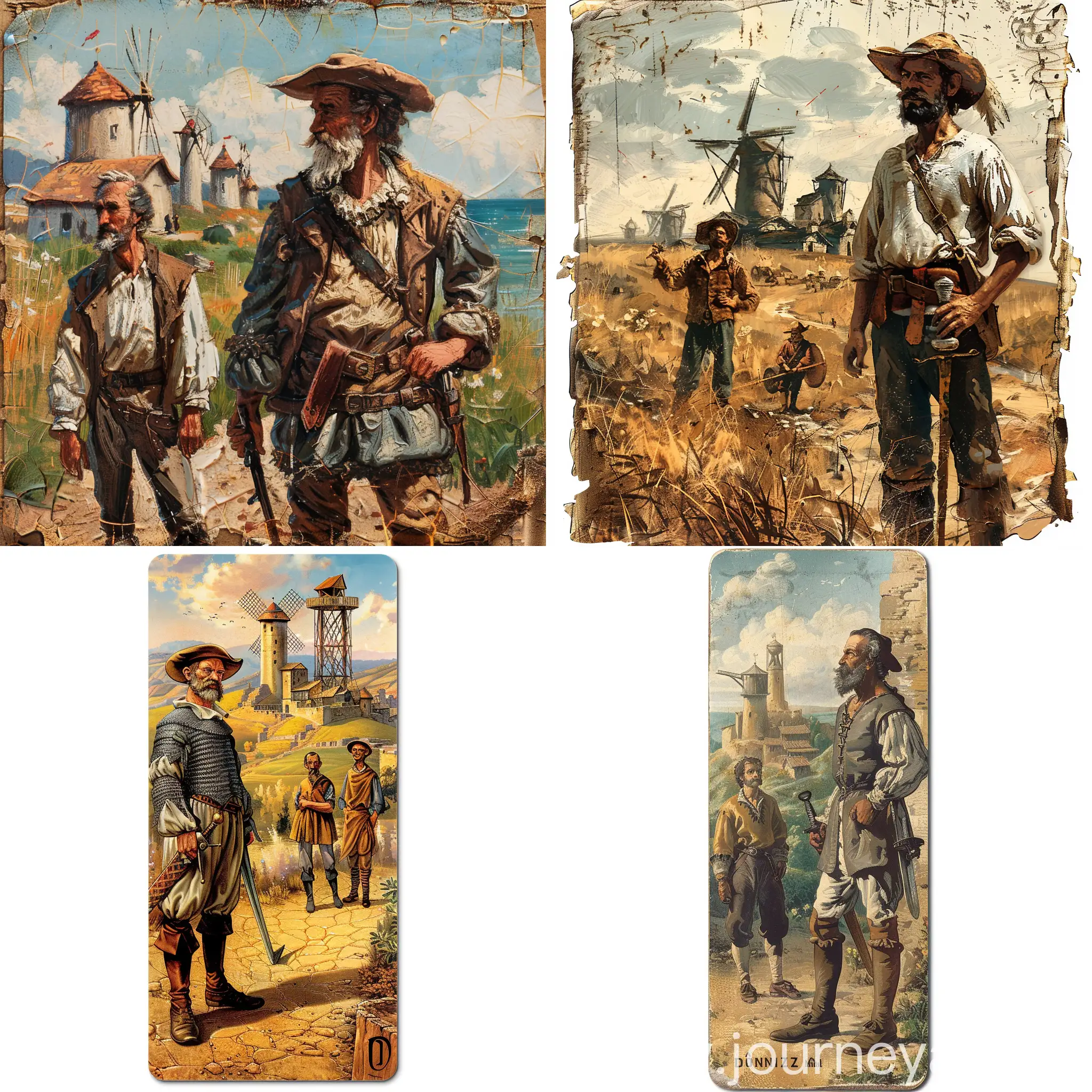 don quixote and his assistant and the mills in the background,image vertical for a bookmark