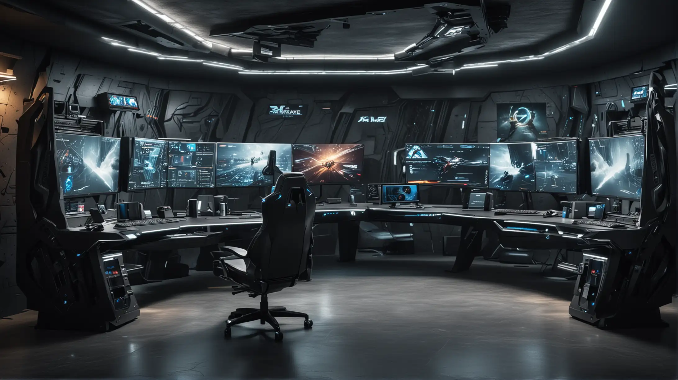 Elaborate and tech sleek  super-computer desk setup and playroom design mimicking the aesthetics of the Batcave with Futuristic Ergonomic Gaming Computer Cockpit Station with Ultra wide screens