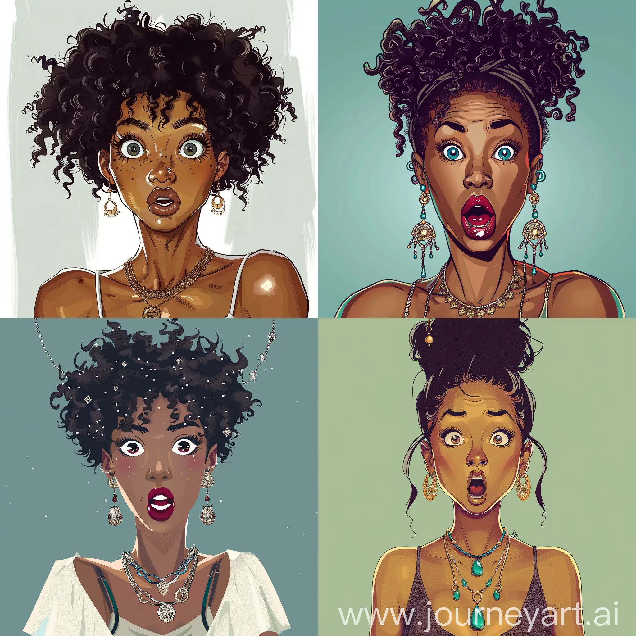 Femme Afro élégante surprise et amusante portant des bijoux. . Illustration digitale. 