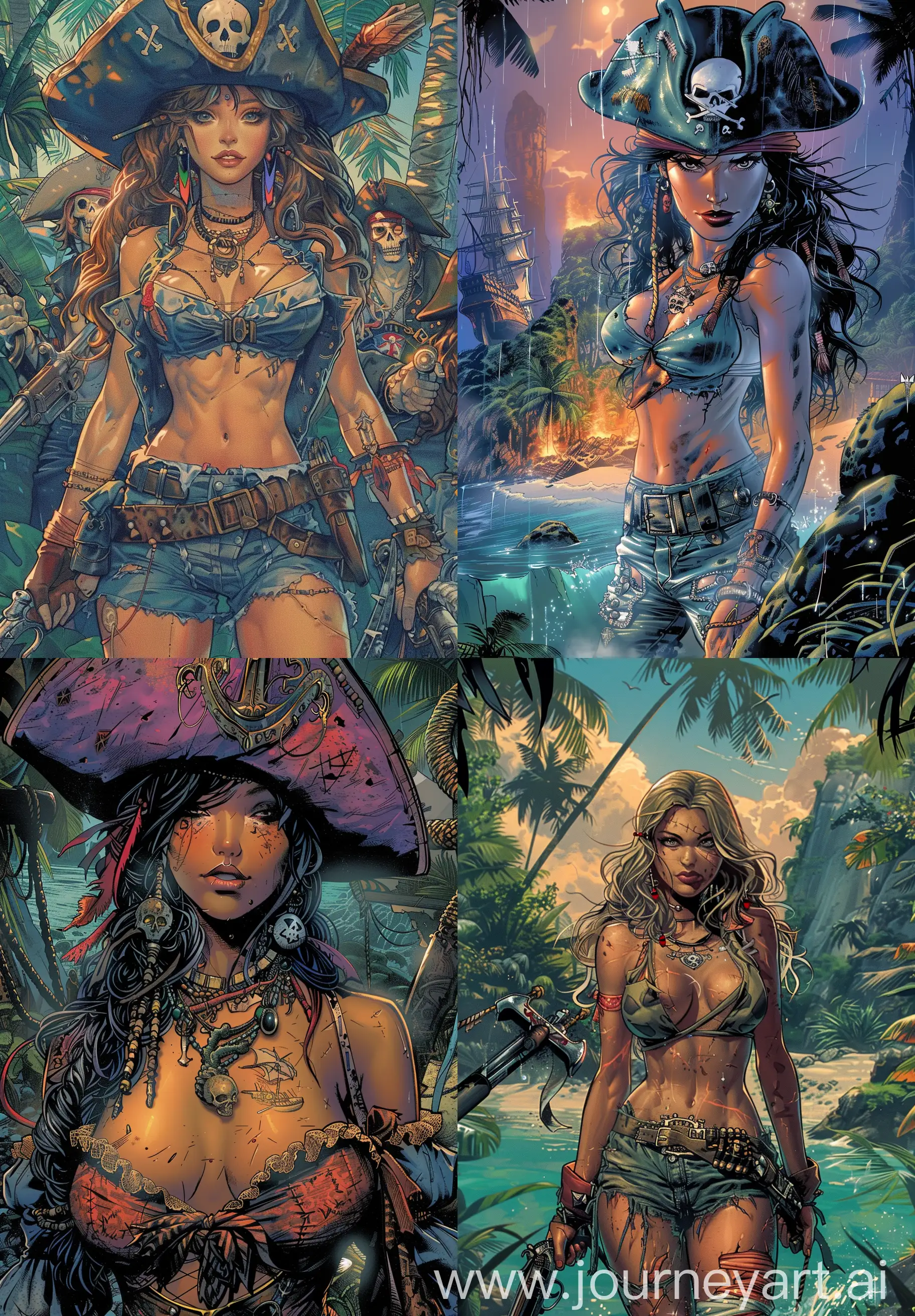 The journey of a pirate gang led by a beautiful and brave female captain to the mysterious Skull Island in search of treasure, intricate details, comic book cover style, --ar 9:13 --v 6 --s 150
