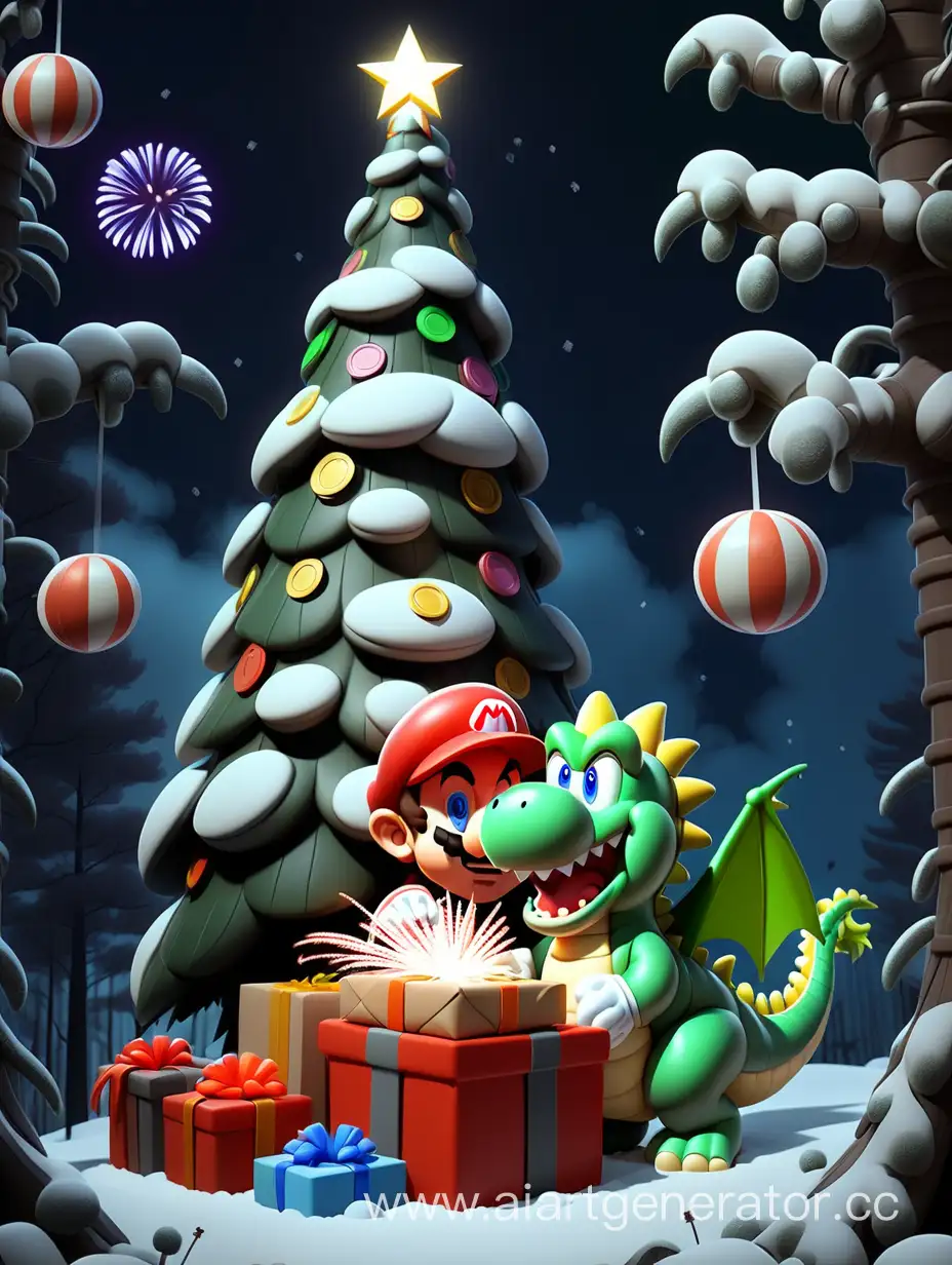 Super-Mario-and-Green-Dragon-Celebrate-New-Years-Eve-by-Snowy-Forest-Tree-with-Fireworks