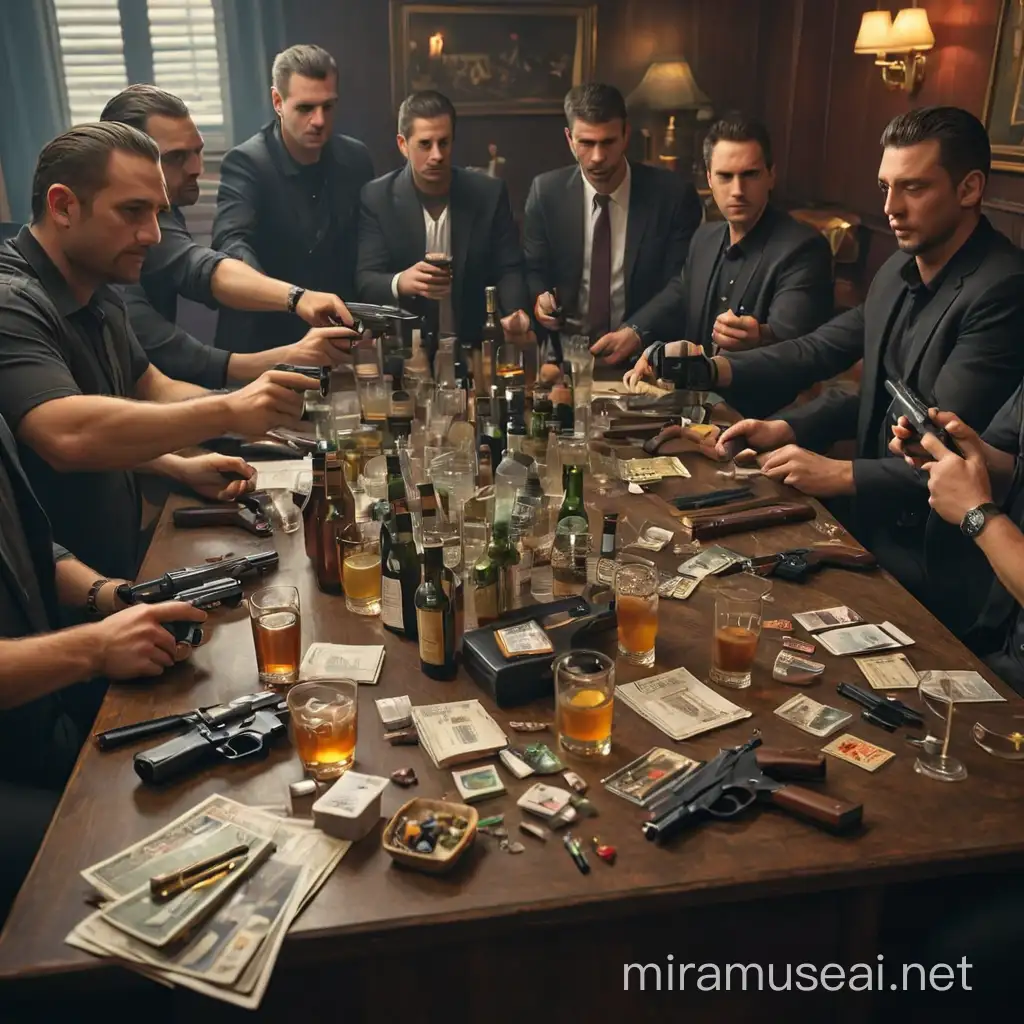 organized crime get together ambience, with table with alcohol, drugs and guns.