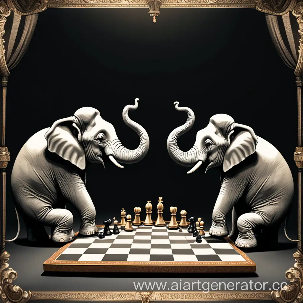 умные слоники, взявшись за голову в раздумье, играют в шахматы на сцене