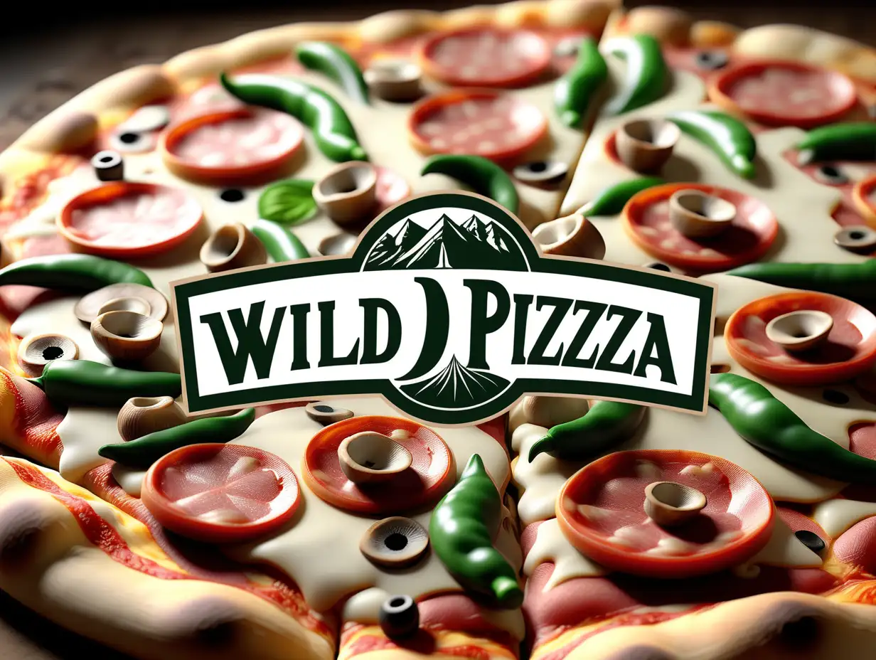 For a new pizza business named "Wild Pizza," envision a logo that encapsulates both the wildness and the allure of a perfect pizza. The central image could be an intricately detailed pizza, with a perfectly golden crust, bubbling cheese, and a variety of toppings like pepperoni, mushrooms, and green bell peppers, each rendered with photorealistic quality.

Above this tantalizing image, the name "Wild Pizza" is displayed in bold, adventurous lettering. The font should be lively and dynamic, possibly with a slight slant to give a sense of motion, echoing the 'wild' aspect of the brand. The color scheme could play with contrasts – warm, inviting colors for the pizza, like golden browns, reds, and greens, set against a more subdued or darker background to make the logo pop.

Flourishes or decorative elements that suggest a 'wild' theme could be incorporated around the edges, such as subtle flame motifs or leafy, organic shapes, to tie the whole design together. This logo should communicate not just a brand, but a promise of an exciting, flavorful pizza experience.
