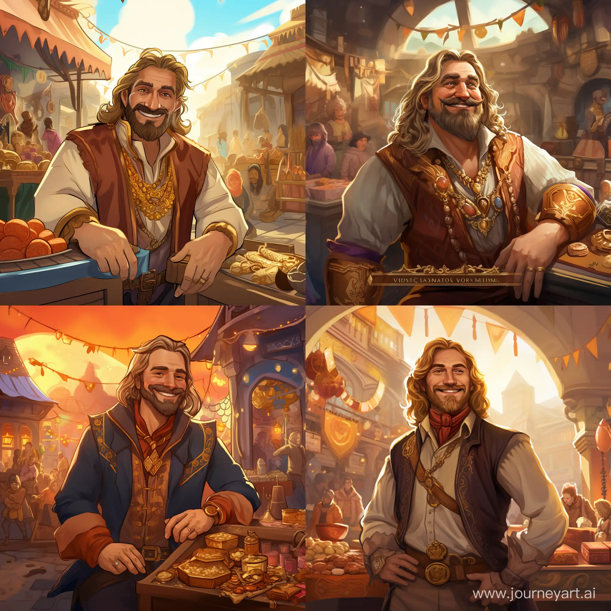 Draw me a concept art of a Viking trader who has long blond hair and a long beard with a mustache. 
He is 35 years old and looks young. Almost every finger has a ring with a precious stone. He is dressed in expensive clothes and wears gold rings with stones. Smiling. In the background there is a market where people reach for it with their hands