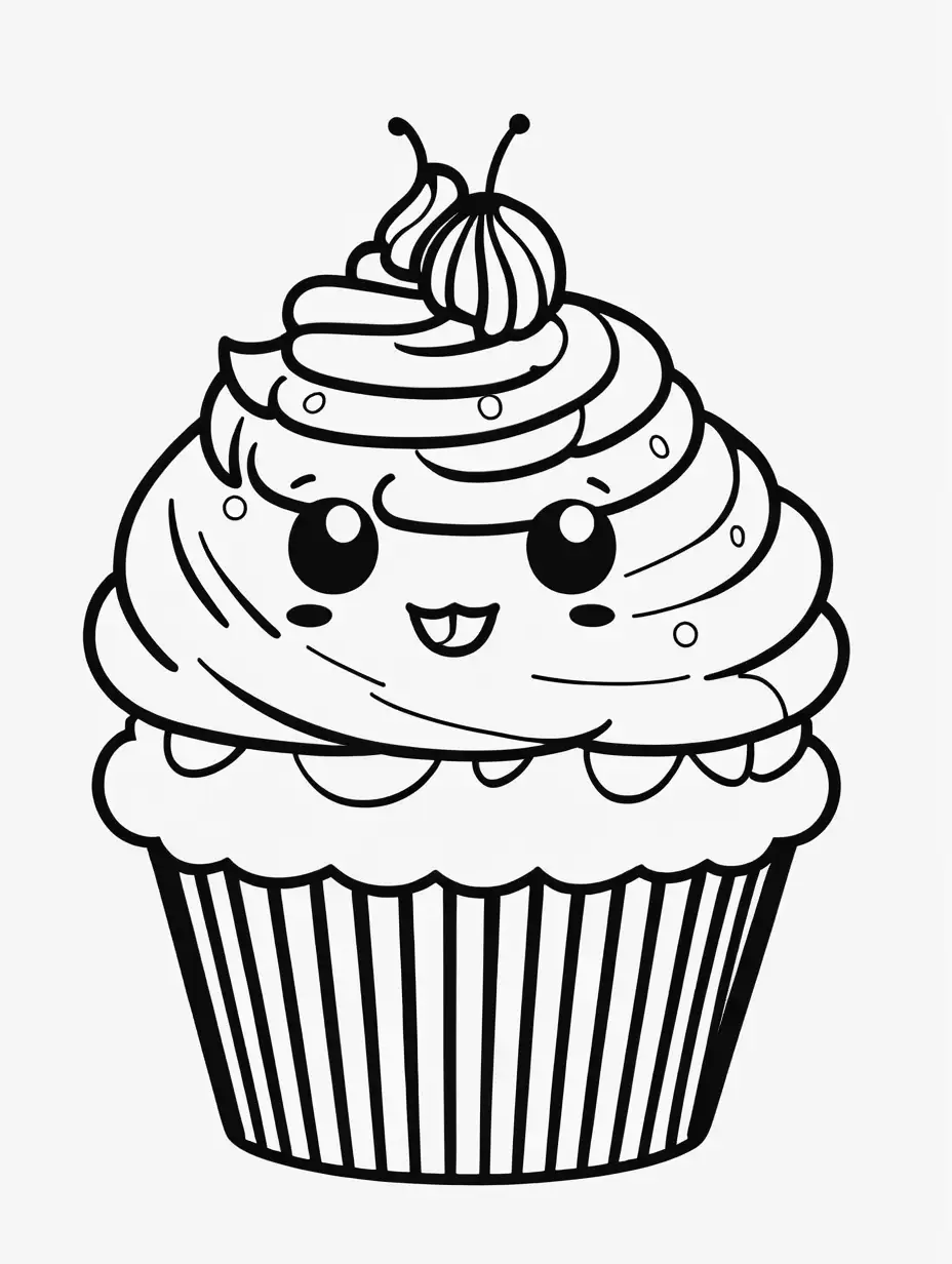 coloring book, cartoon drawing, clean black and white, single line, white background, cute large cupcake, emojis
