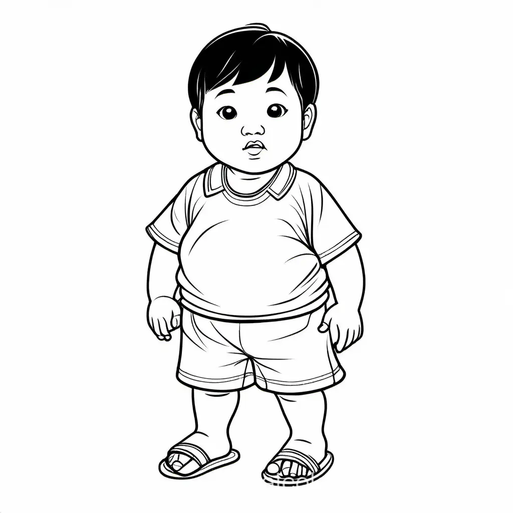 a very fat toddler asian boy wearing slippers and short pants, Coloring Page, black and white, line art, white background, Simplicity, Ample White Space. The background of the coloring page is plain white to make it easy for young children to color within the lines. The outlines of all the subjects are easy to distinguish, making it simple for kids to color without too much difficulty