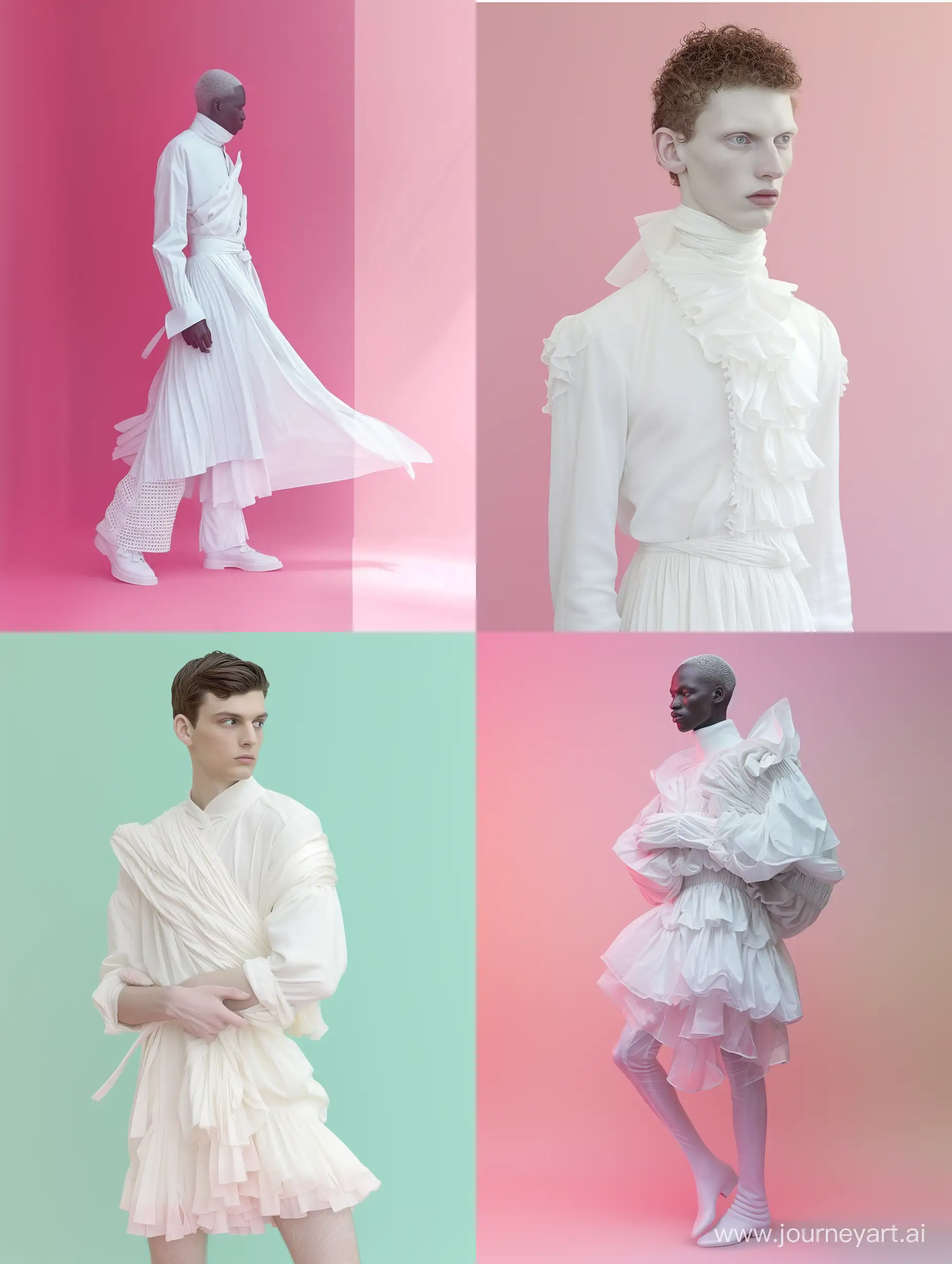 A delicat white men with dress, clothes by balenciaga, ultra realistic minimalist fashion photography, art by mario testino for vogue, chic, elegant, haute couture, minimalist pastel background --v 6 --ar 3:4 --no 42496