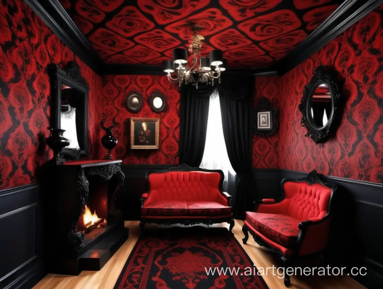 Котедж с богатым интерьером  в стиле зла красного и черного цвета обоев 