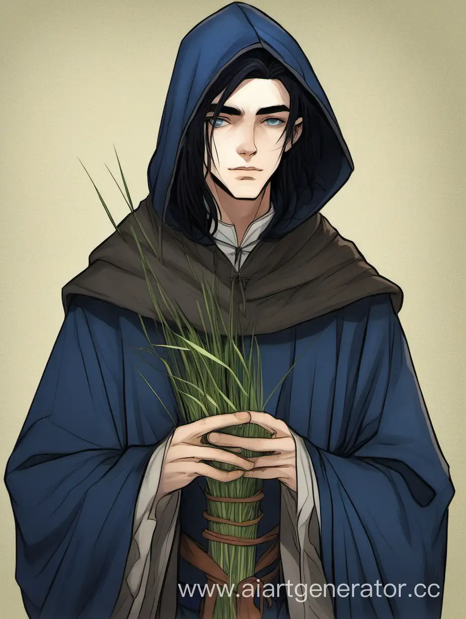 Medieval-Teenage-Boy-Holding-Grass-in-Old-Robe-with-Hooded-Cloak