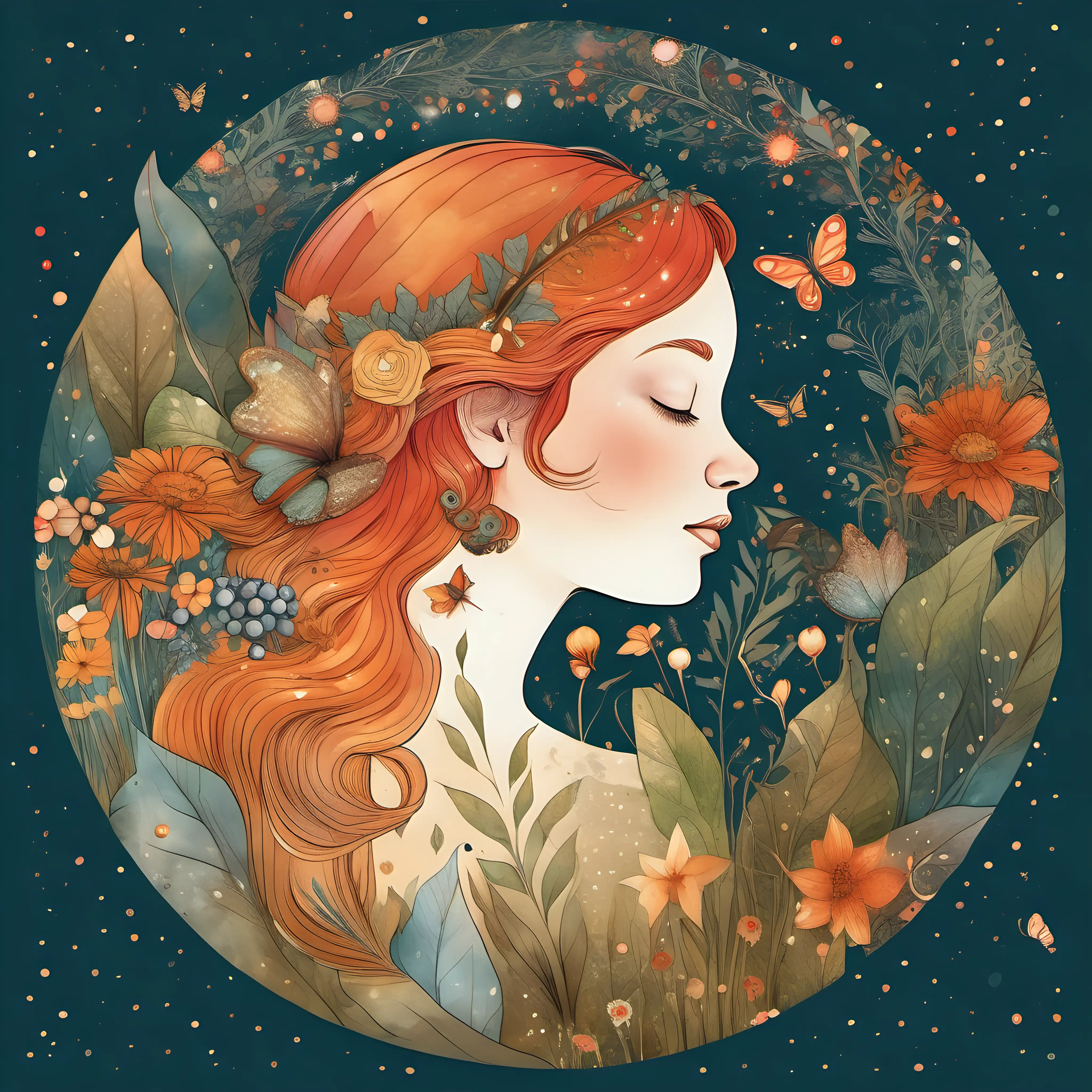 flat-illustration , composition in a circle, fairy girl in profile with closed eyes and smiling, around plants, berries, butterfly, snail, flowers, sequins, radiance, magic, texture of watercolor paper, warm colors, no volume linear drawing, william morris style