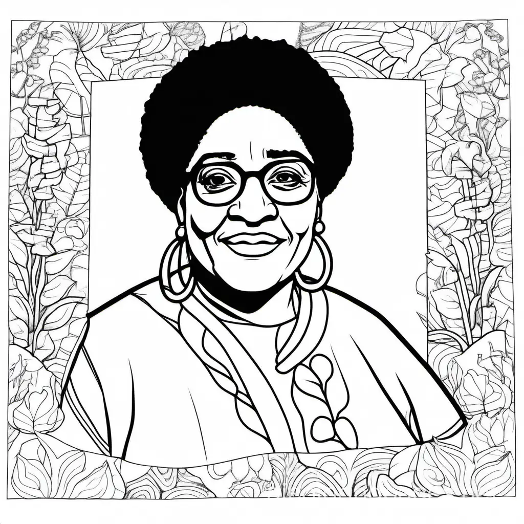 Audre Lorde, Coloring Page, black and white, line art, white background, Simplicity, Ample White Space. The background of the coloring page is plain white to make it easy for young children to color within the lines. The outlines of all the subjects are easy to distinguish, making it simple for kids to color without too much difficulty