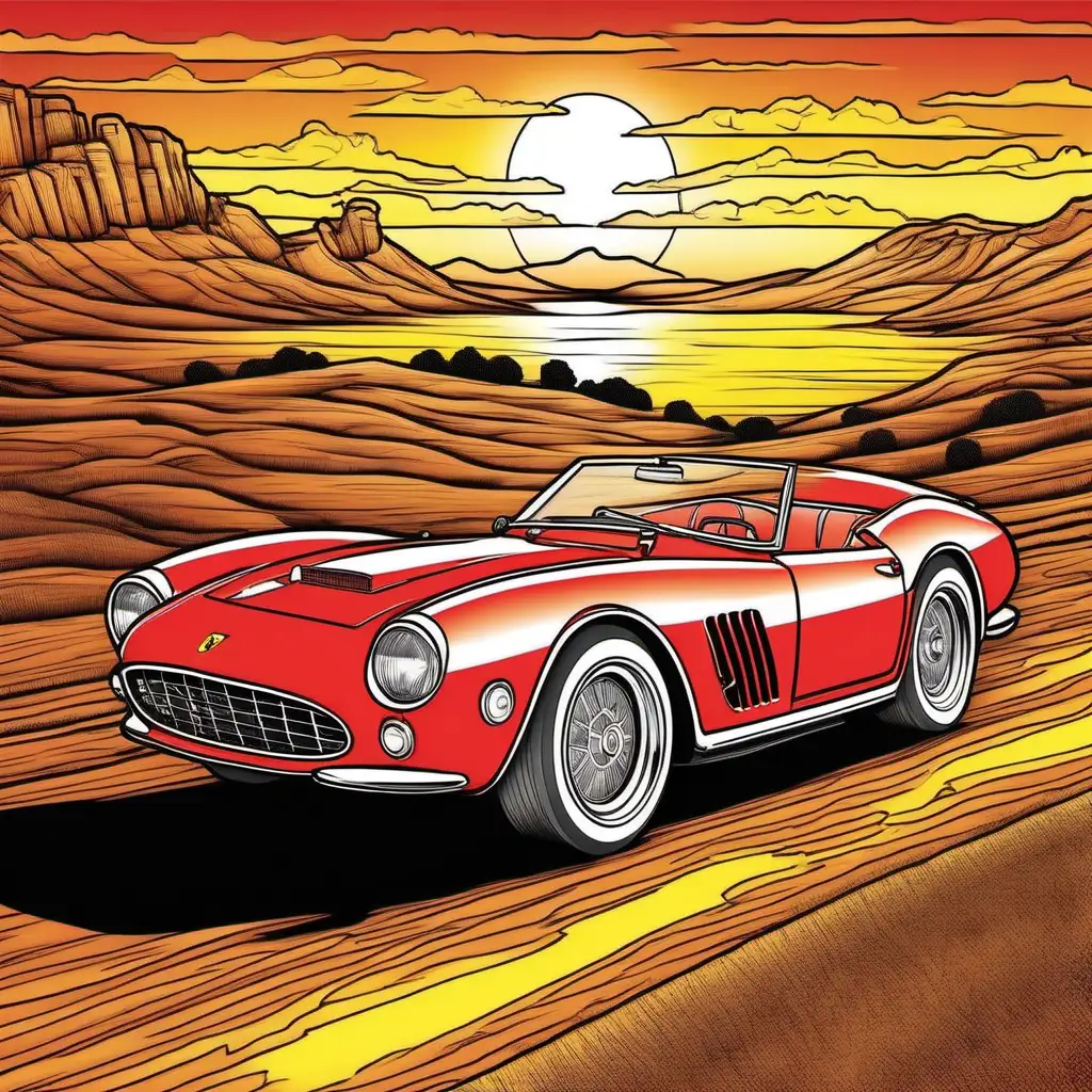 Painting coloring page of an old red Ferrari  în an exotic yellow  sunset