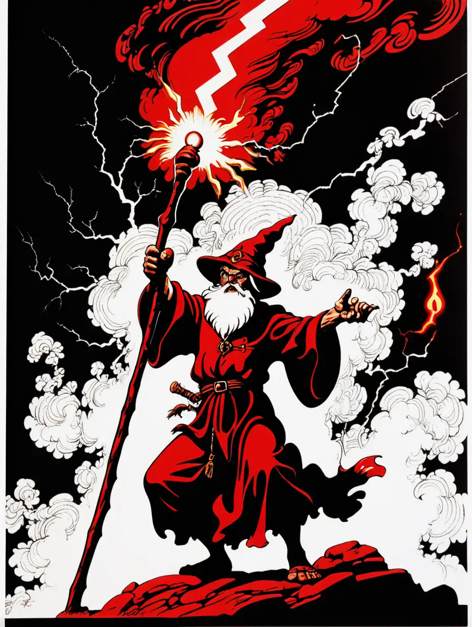 Retro Psychedelic Wizard Summoning Lightning in Minimalist Red Black and White Poster