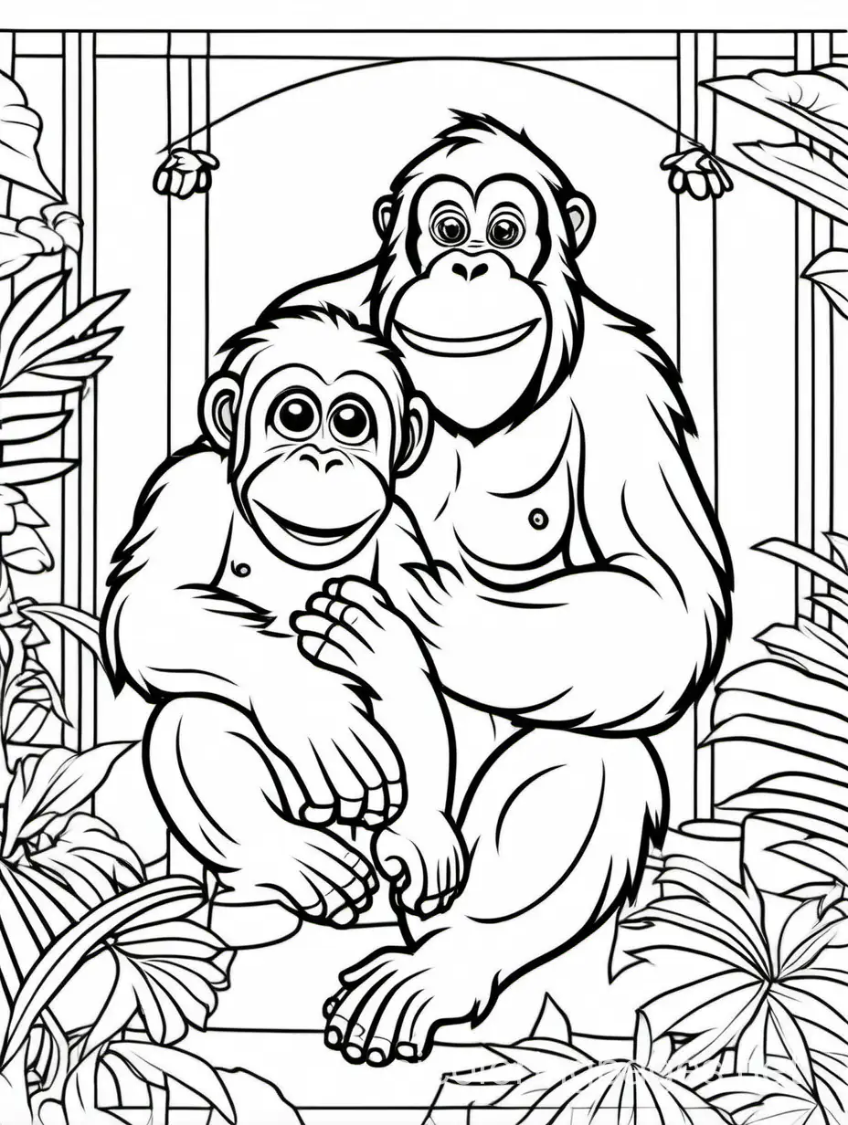 cute Orangutan with his baby for kids easy for coloring, Coloring Page, black and white, line art, white background, Simplicity, Ample White Space. The background of the coloring page is plain white to make it easy for young children to color within the lines. The outlines of all the subjects are easy to distinguish, making it simple for kids to color without too much difficulty