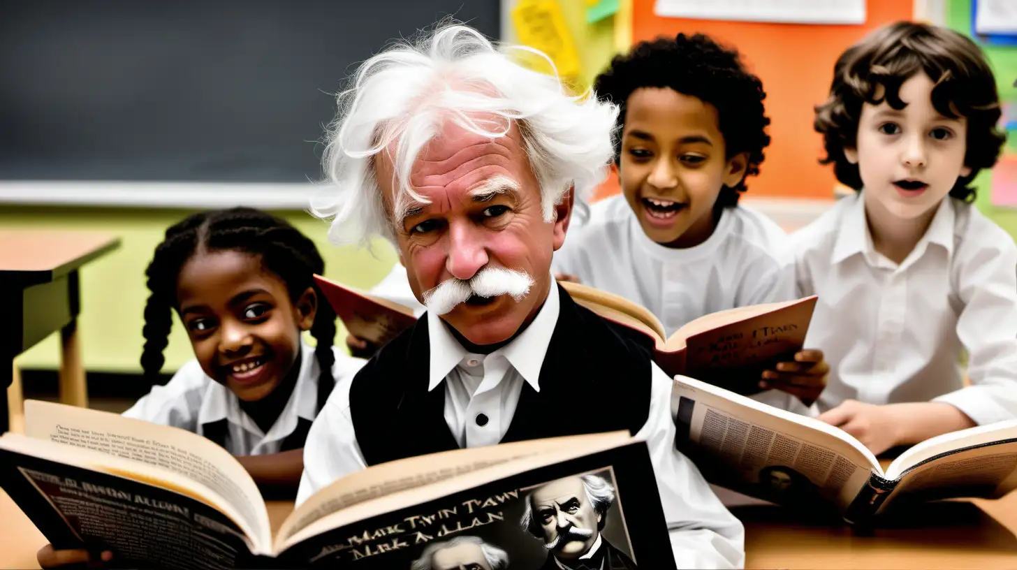 A kid having fun reading in the classroom with Emily Dickinson, Mark Twain, and Edgar Allan Poe behind them