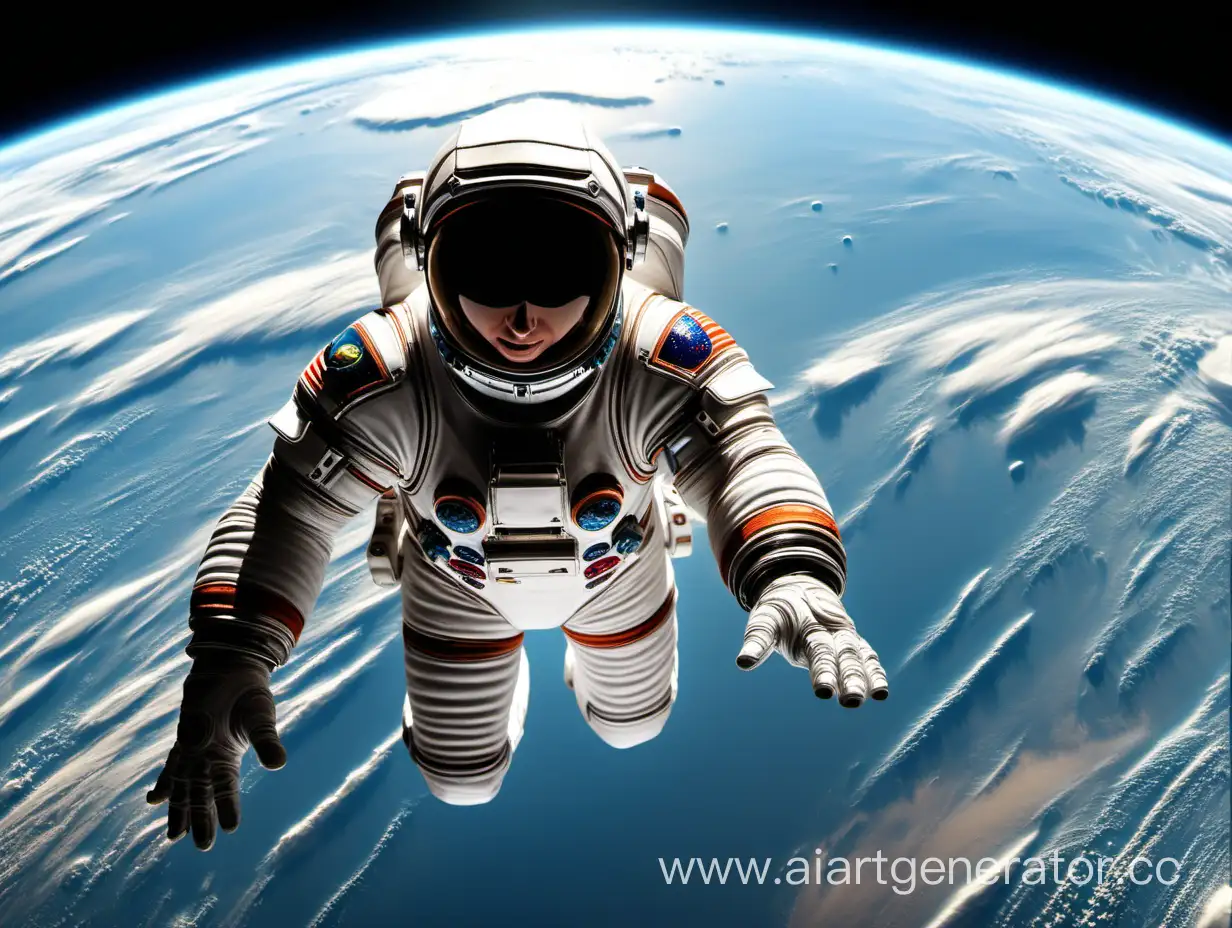 A person in a spacesuit is flying in space, planet Earth