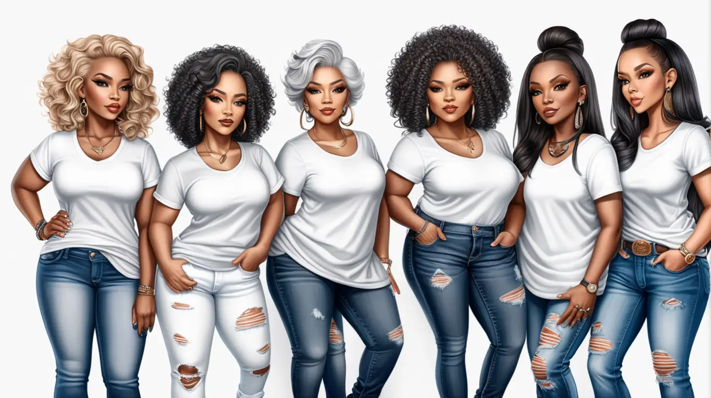 Chic Group of Stylish Black Women in White TShirts and Jeans