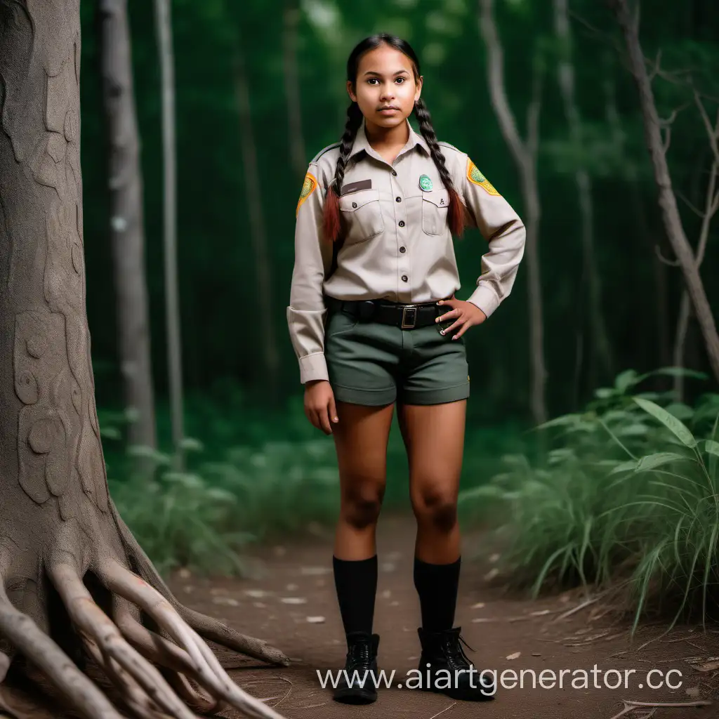 Indigenous-Park-Ranger-Girl-in-Shorts-and-Long-Sleeves-with-Pigtails