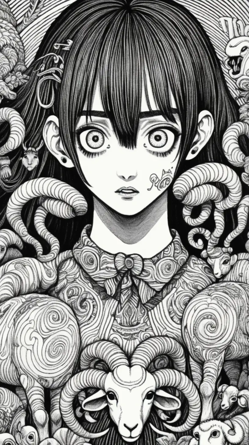{best quality} {line work} key visual junji, psychedelic, black and white, Aries zodiac sign, ram charging