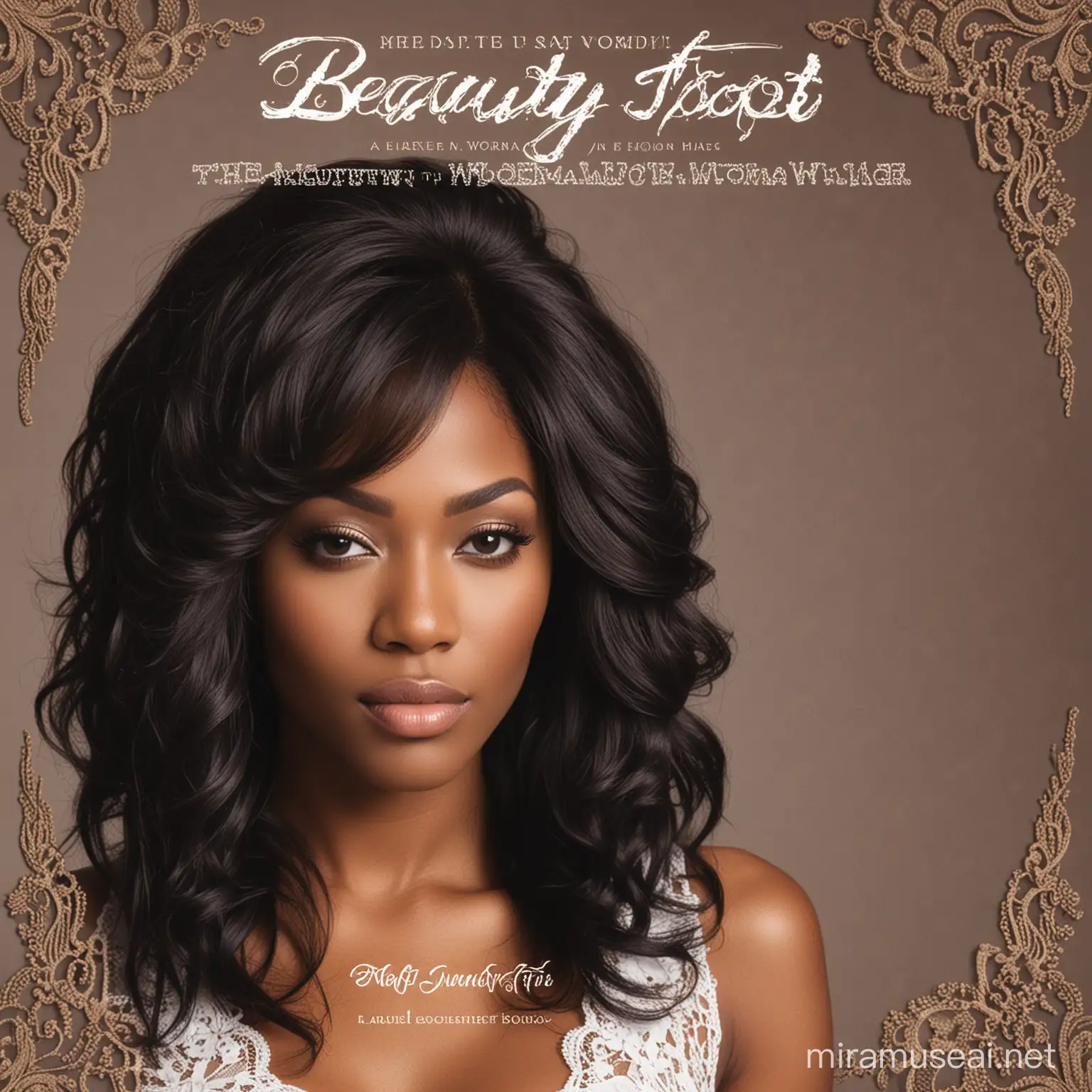 Create a album cover with name on the album cover “The Beauty Spot” with a modern Eboni woman with a long lace front wig on 