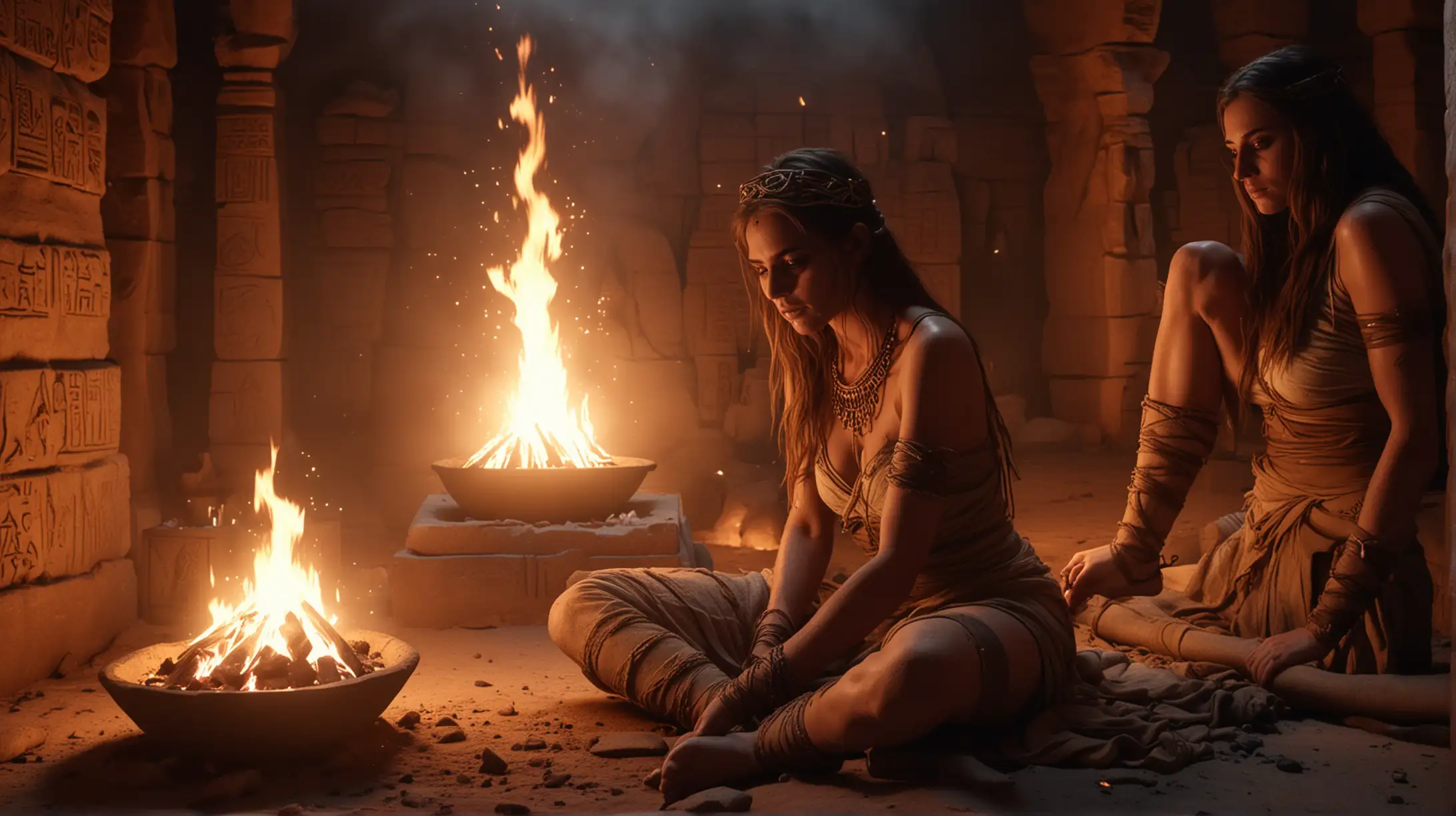 (beneath young beautiful girl: 1.3) A mummy preparation of a young beautiful alive girl in a chamber of a creepy pyramid illuminated by fire bowls, full shot, super realistic, extremely hyper detailed, cinematic 8k.