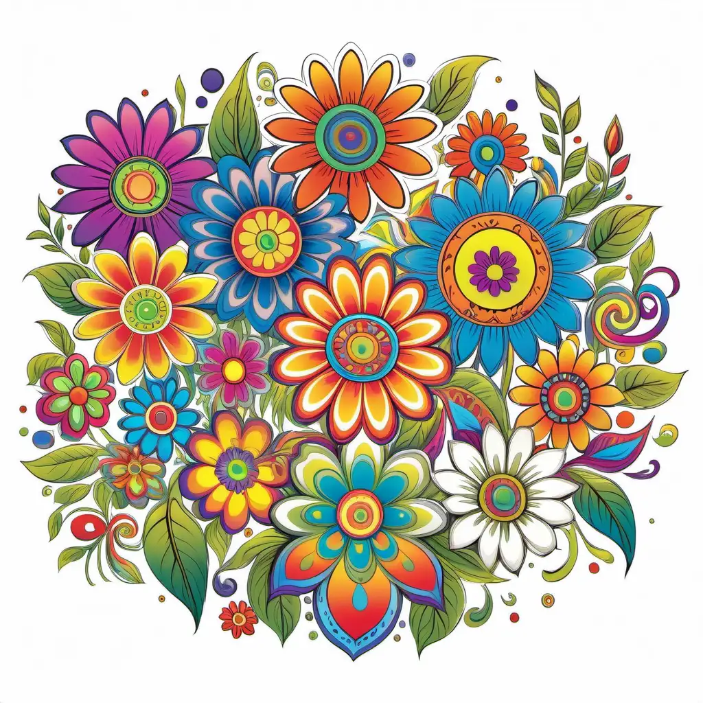 colorful,  hippie flowers, white background, masterpiece, 