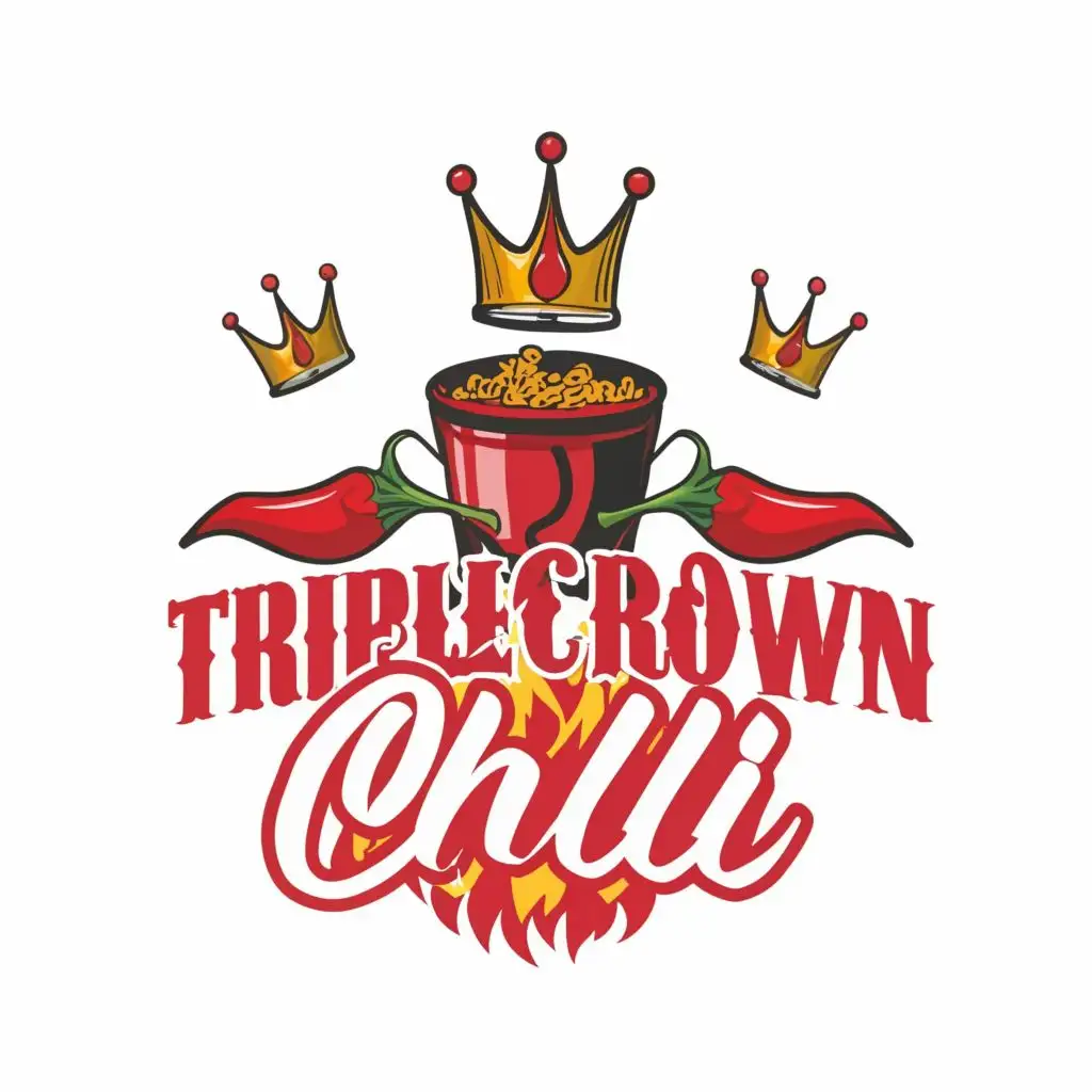logo, Three crowns, chili pot, red chilis, and spoons, with the text "Tripple Crown Chili", typography, be used in Restaurant industry