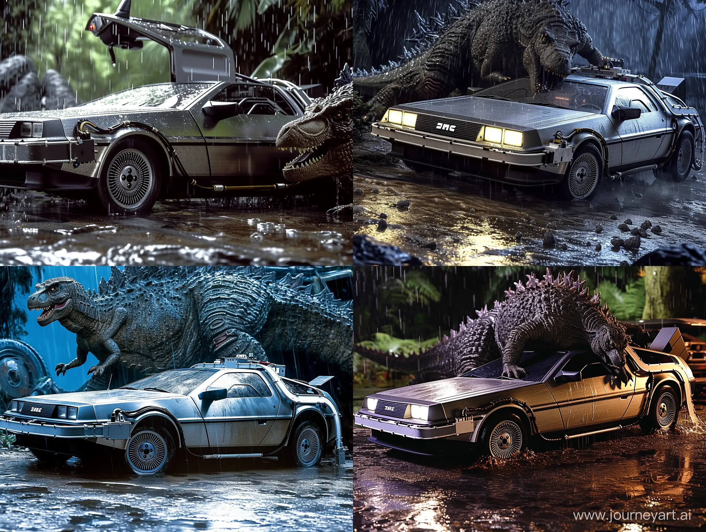 A DeLorean time machine underneath Godzilla 1998, rain, wet dinosaur, wet car, photorealistic, movie scene