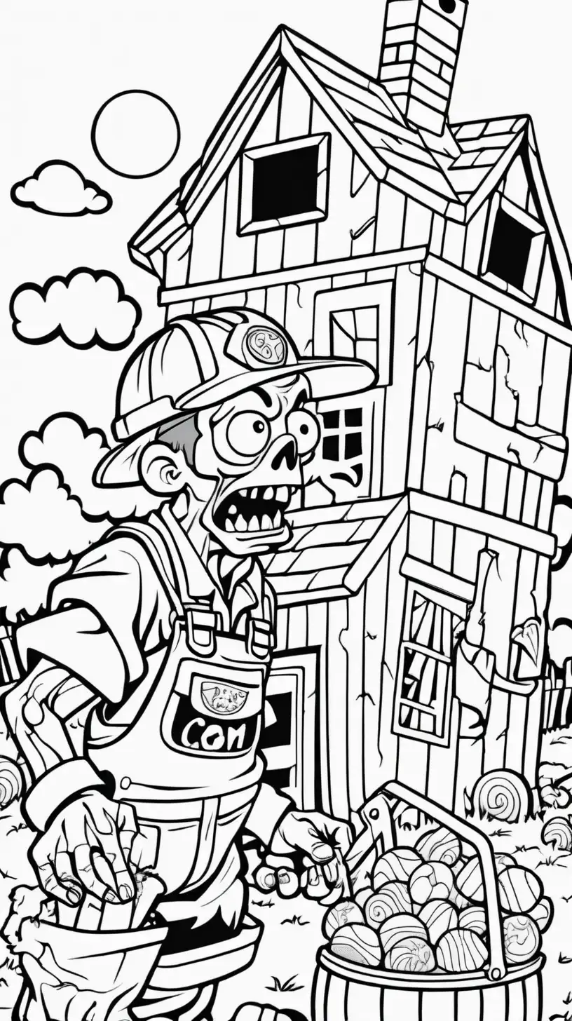 Creepy Construction Worker Zombie Building Candy House on Farm Coloring Page