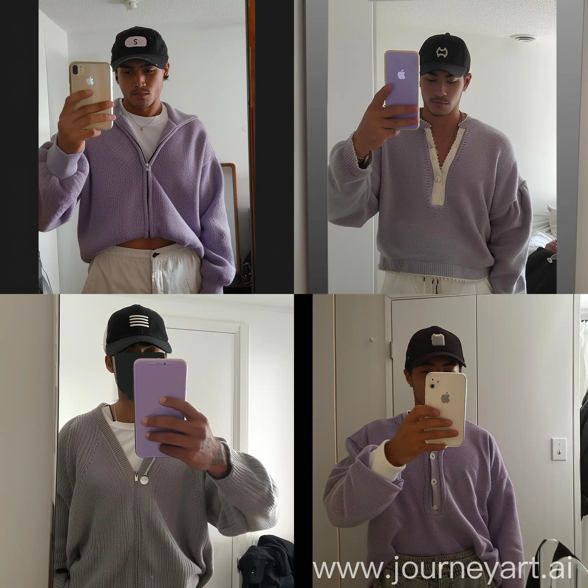Young-Man-Taking-Mirror-Selfie-with-iPhone-11-in-Grey-Top-and-Black-Baseball-Hat