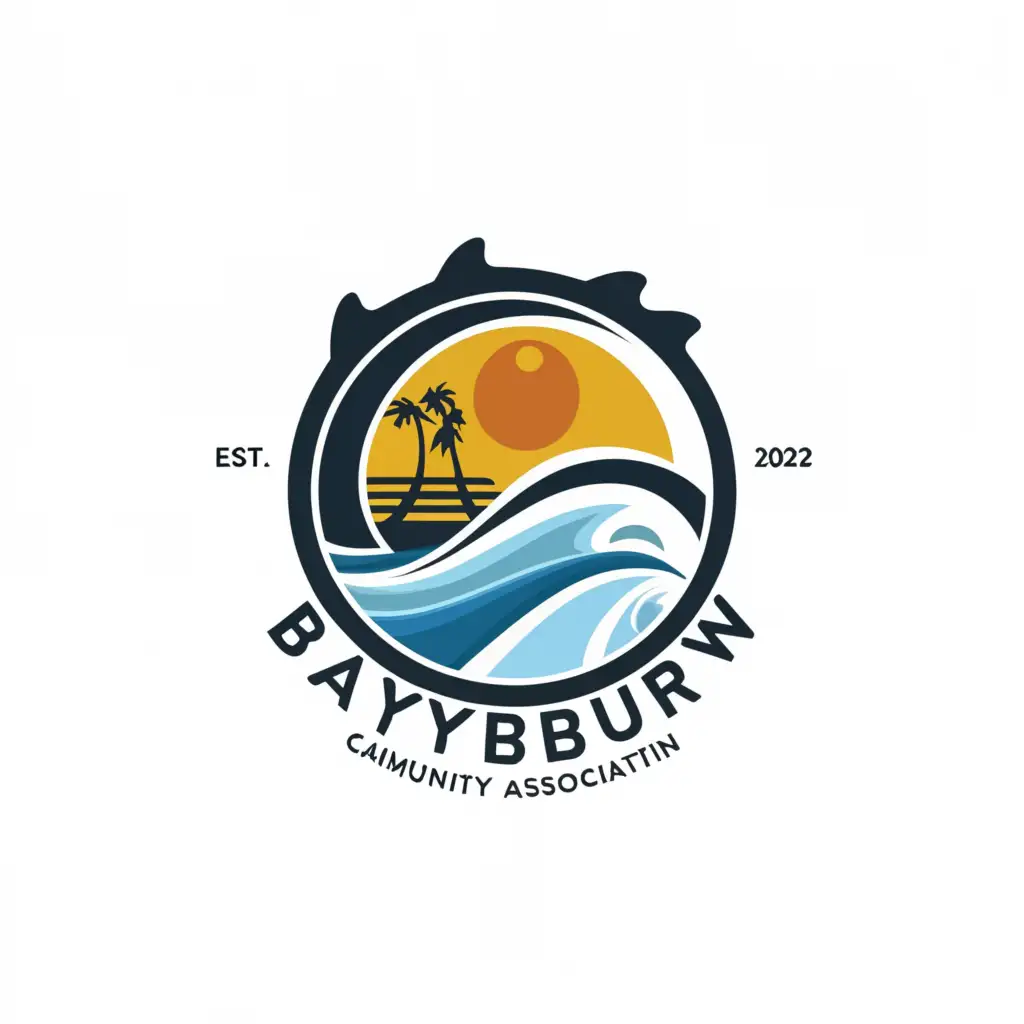 a logo design,with the text "Bayburn Community Association", main symbol:a circle with beach and a wave coming through the circle,complex,be used in Sports Fitness industry,clear background