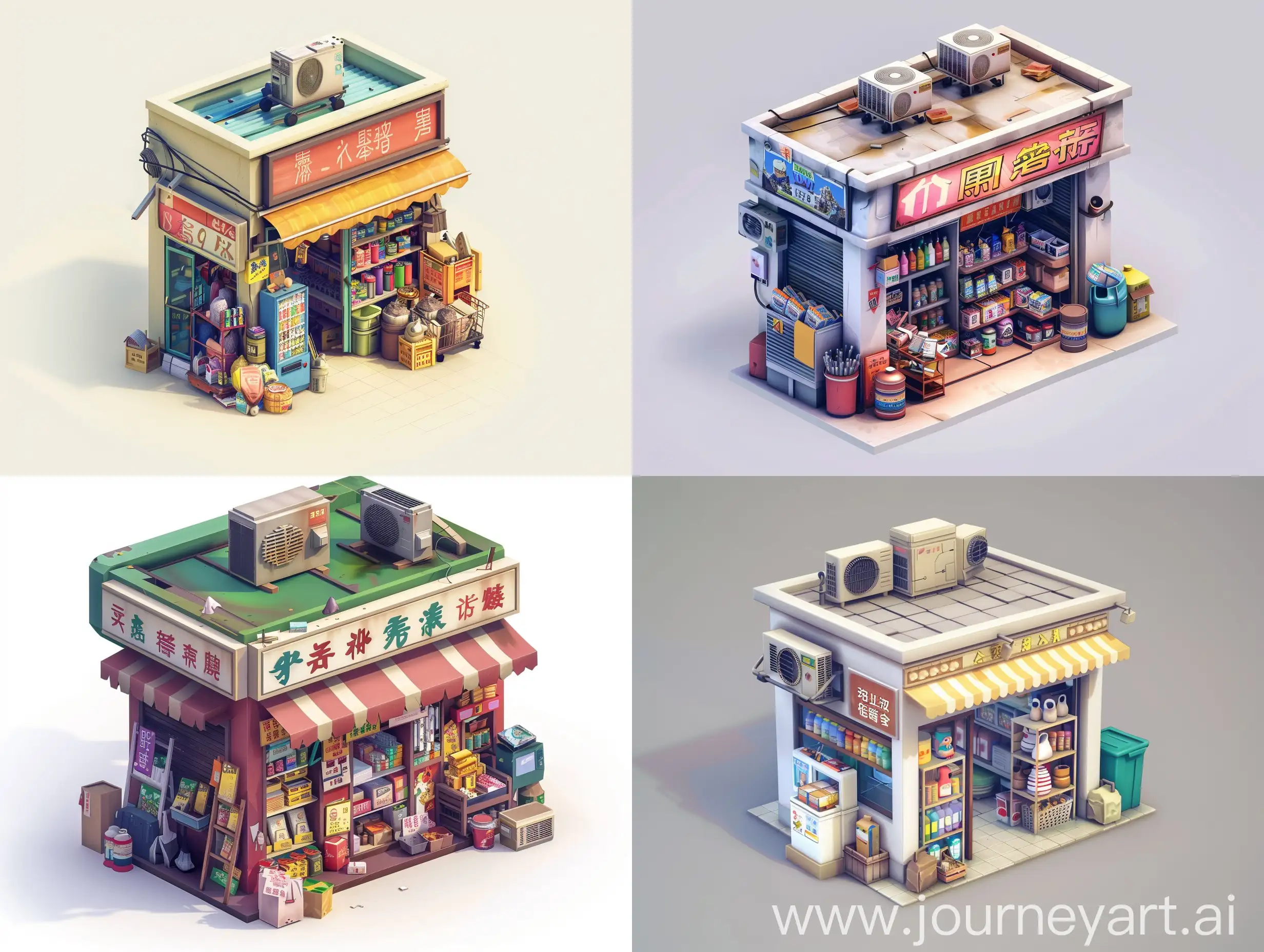 A small, Cluttered junk shop store front at Hong kong. Various goods are displayed. Cartoon 3d isometric game style on blank background. The roof top should have air conditioner system. The model should be appropriate with a cube shape, quality in 4k and high detailed
