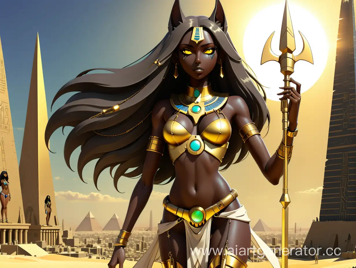 beaty anime girl with long hair black skin gold beautiful woman, ((, sun in the sky , FULL LENGTH PICTURE, full body visible, EGYPTIAN 1WOMAN, , skinny, perfect body, perfect breasts, (detailed face:1.3), TAN SKIN, anubis cyberpunk mechanical body parts spear in hand, egypt city on background