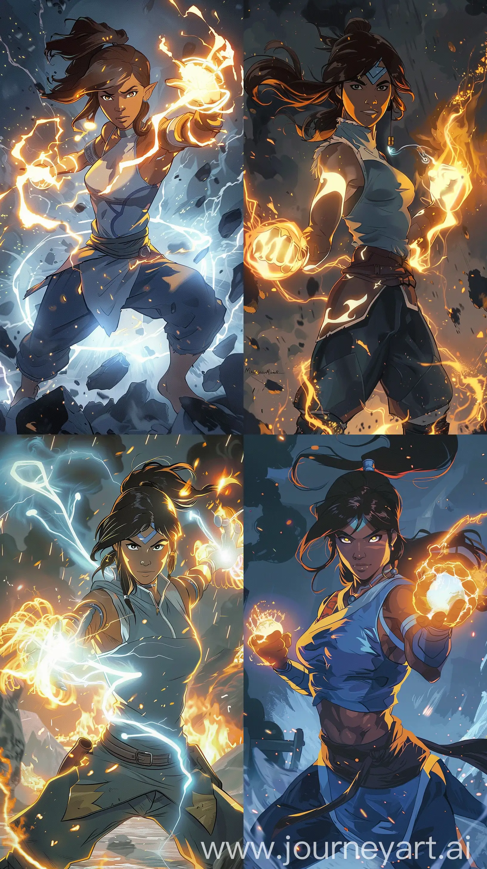 Korra from Avatar, reinterpreted in the distinctive style of Mike Mignola, with elemental powers glowing vibrantly. Capture her fierce spirit and dynamic pose, suitable for a phone wallpaper , 8k uhd Maximalist Details --ar 9:16