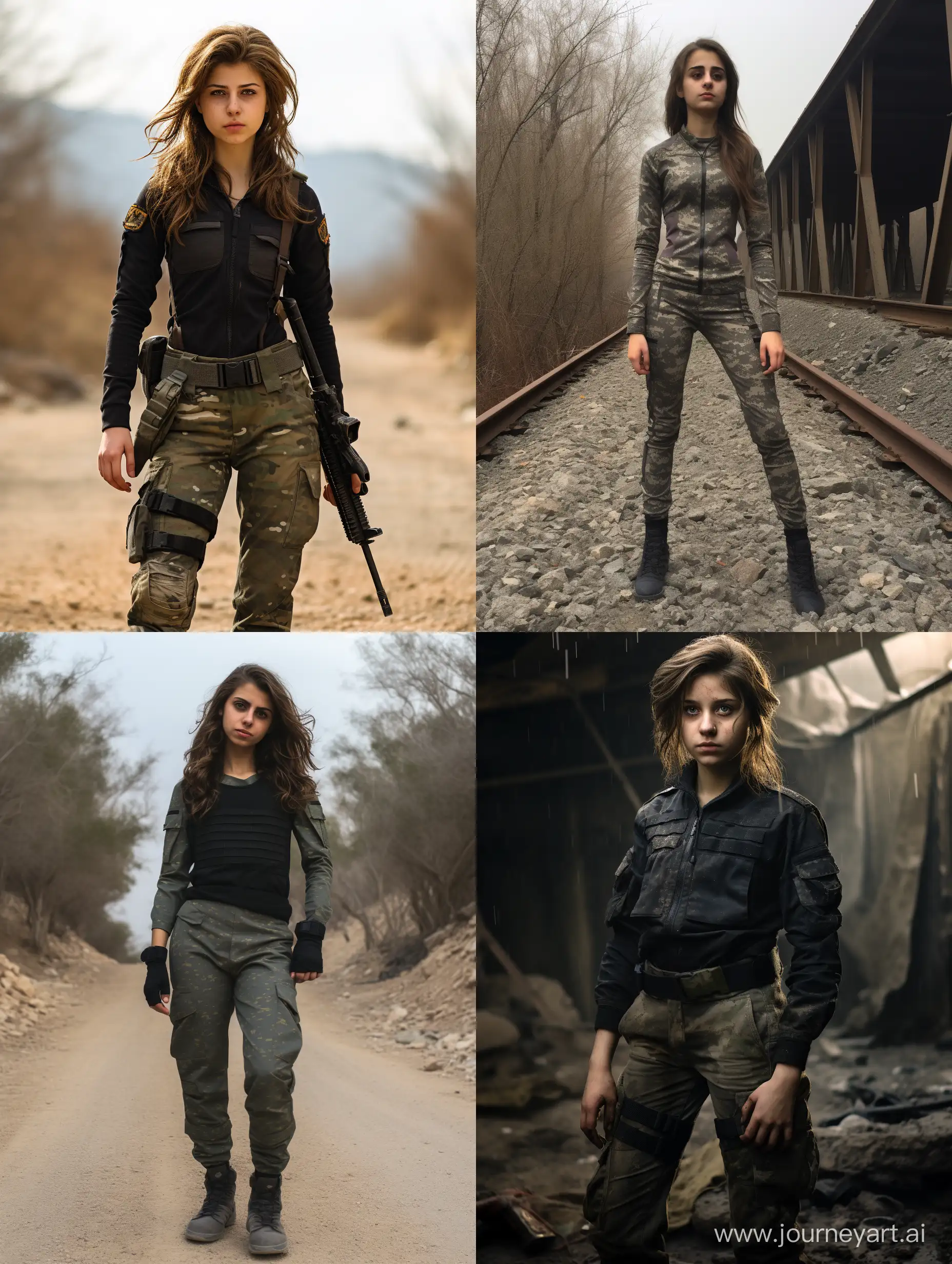 Post-Apocalypse, Peshmerga tomboy in uniform, transgender 15-year-old, tomboy, full body, military camouflage tight leggings, Photos 8K, modern military uniform, solo, without weapon