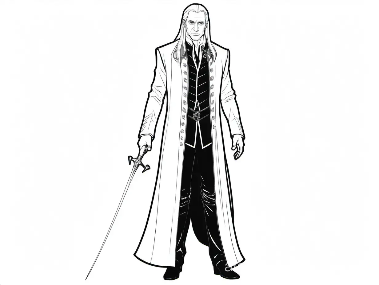 lucius malfoy full body, Coloring Page, black and white, line art, white background, Simplicity, Ample White Space. The background of the coloring page is plain white to make it easy for young children to color within the lines. The outlines of all the subjects are easy to distinguish, making it simple for kids to color without too much difficulty